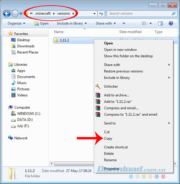 Copy thư mục phiên bản Minecraft